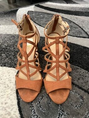 Payless Strappy Suede Block Heels in Tan Brown